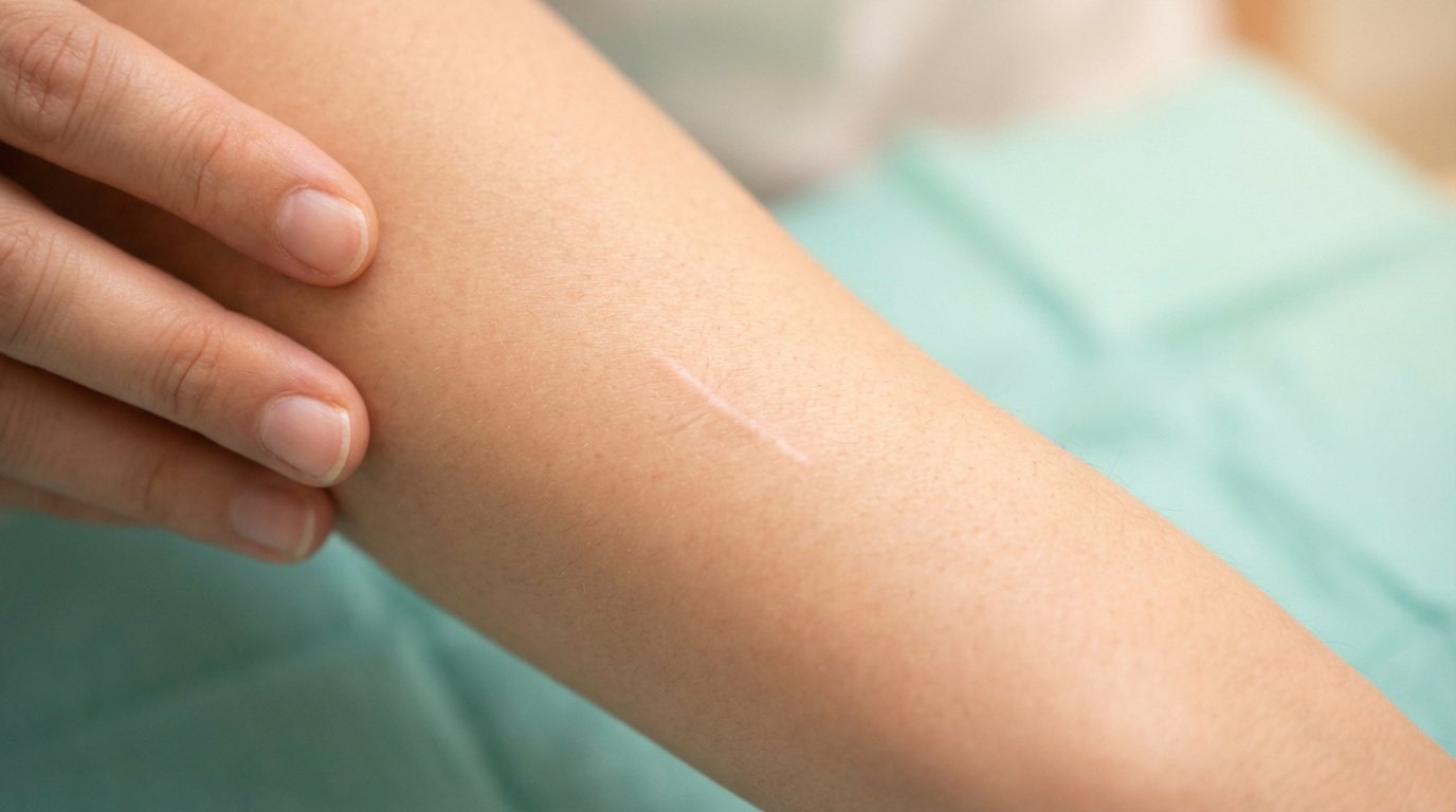 Gros plan sur un avant-bras présentant une cicatrice linéaire pâle. Une main aux ongles clairs touche la peau sur un fond médical vert flou.