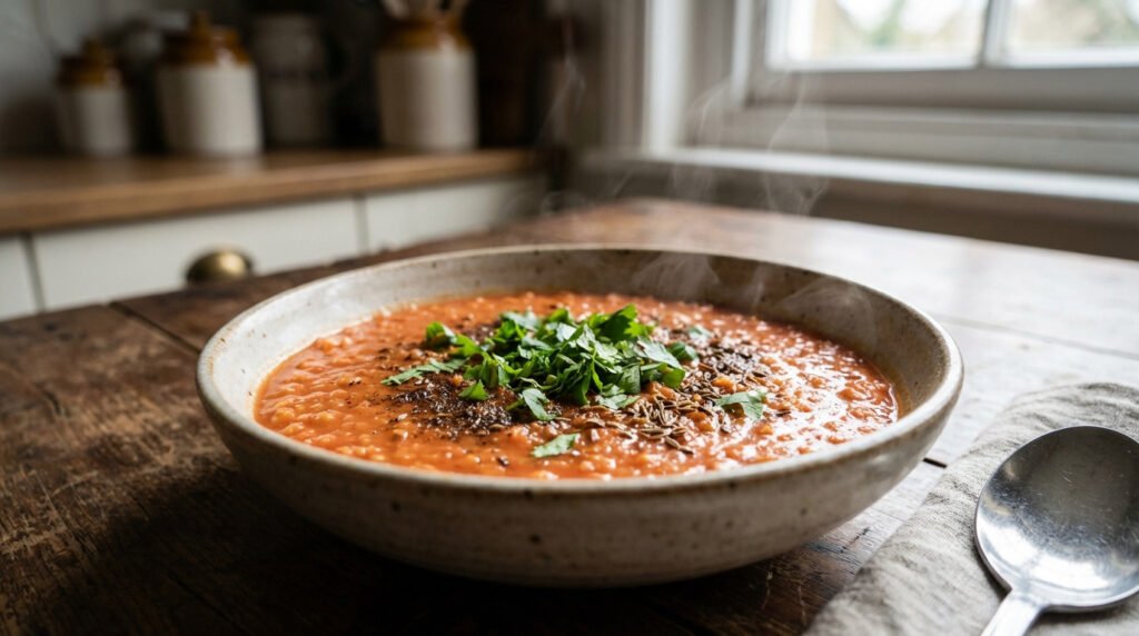Bol de dahl de lentilles corail fumant sur une table en bois rustique, garni d'herbes fraîches et d'épices.