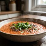 Bol de dahl de lentilles corail fumant sur une table en bois rustique, garni d'herbes fraîches et d'épices.