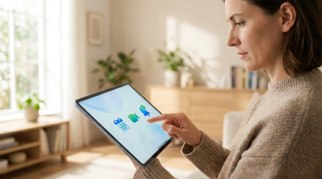 Femme utilise une tablette pour la recherche médicale en ligne. Elle touche une icône de notification, avec calendrier et vidéo.