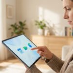 Femme utilise une tablette pour la recherche médicale en ligne. Elle touche une icône de notification, avec calendrier et vidéo.