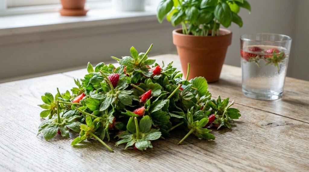 Un tas de queues de fraises vertes sur une table en bois. Un plant de basilic et un verre d'eau avec des queues flottantes en arrière-plan.