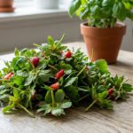 Un tas de queues de fraises vertes sur une table en bois. Un plant de basilic et un verre d'eau avec des queues flottantes en arrière-plan.
