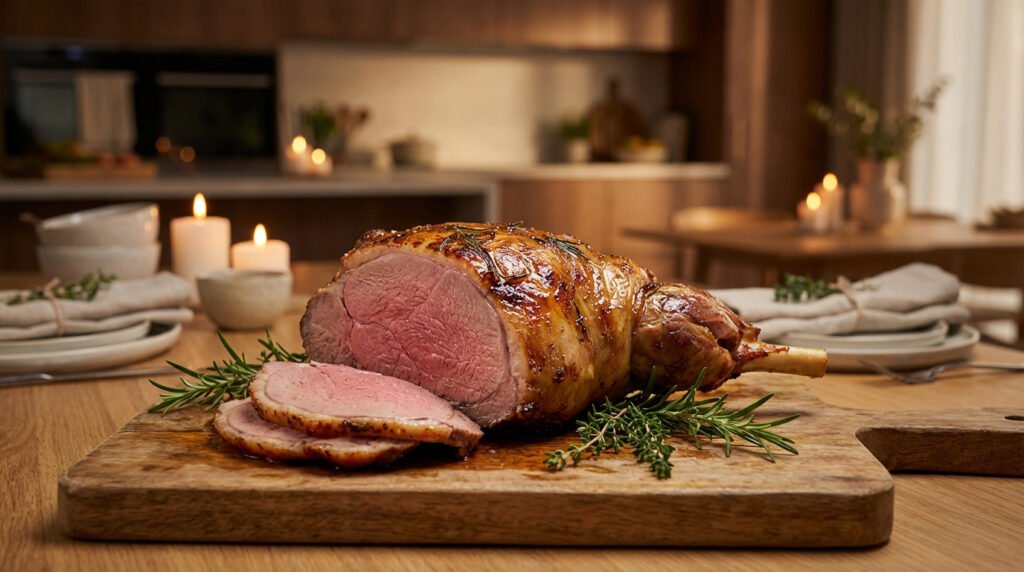 Gigot d'agneau rôti à point, tranché, sur planche en bois avec romarin. Arrière-plan de cuisine chaleureuse éclairée.