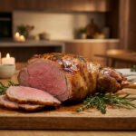 Gigot d'agneau rôti à point, tranché, sur planche en bois avec romarin. Arrière-plan de cuisine chaleureuse éclairée.