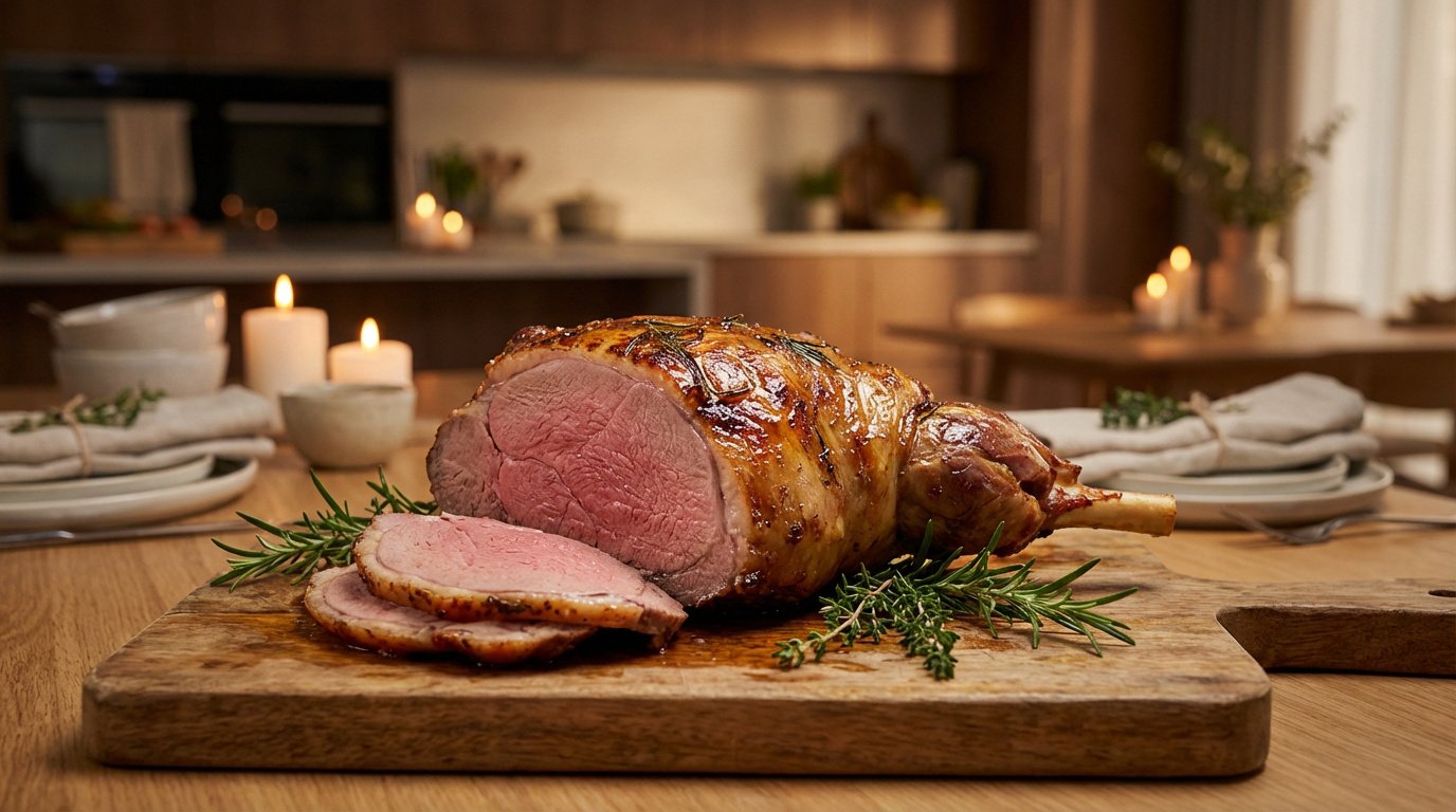 Gigot d'agneau rôti à point, tranché, sur planche en bois avec romarin. Arrière-plan de cuisine chaleureuse éclairée.