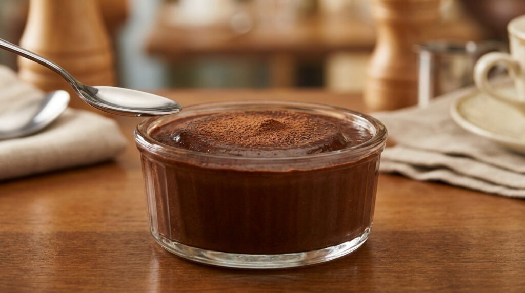 Mousse au chocolat Ducasse dans une coupelle en verre, saupoudrée de cacao, avec une cuillère argentée prête à déguster sur table en bois.