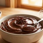 Bol de mousse au chocolat crémeuse avec copeaux, cuillère, poudre de cacao et fouet sur une table en bois près d'une fenêtre.