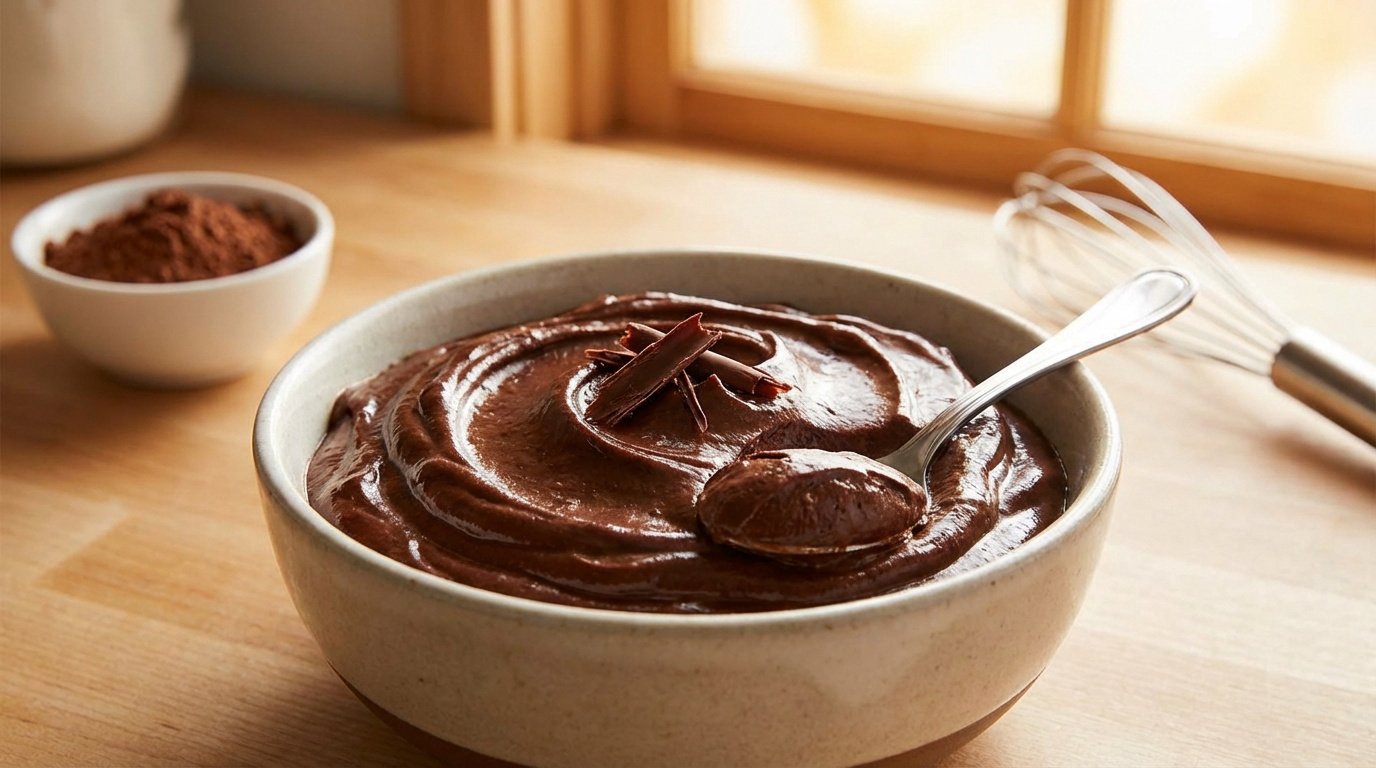 Bol de mousse au chocolat crémeuse avec copeaux, cuillère, poudre de cacao et fouet sur une table en bois près d'une fenêtre.