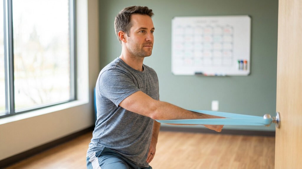 Homme en T-shirt gris faisant de la rééducation de l'épaule avec une bande de résistance bleue attachée à une poignée de porte.