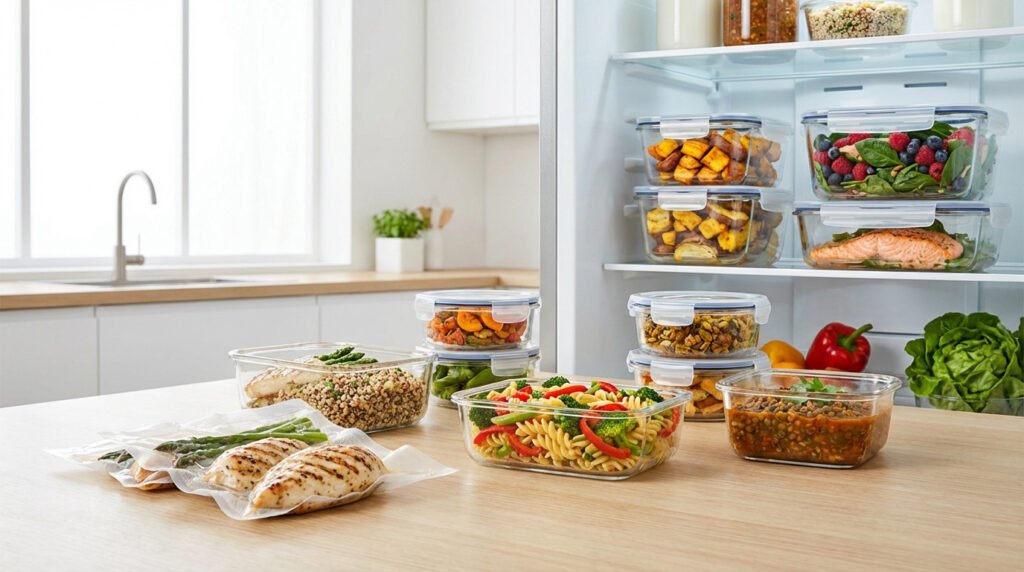 Réfrigérateur ouvert rempli de plats cuisinés et emballages sous vide sur un plan de travail de cuisine.